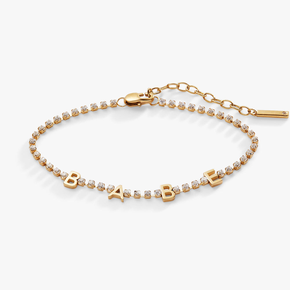“Babe” Crystal Tennis Bracelet – Fun Special Occasion Jewelry Gift Stainless Steel Gold | Alex and Ani