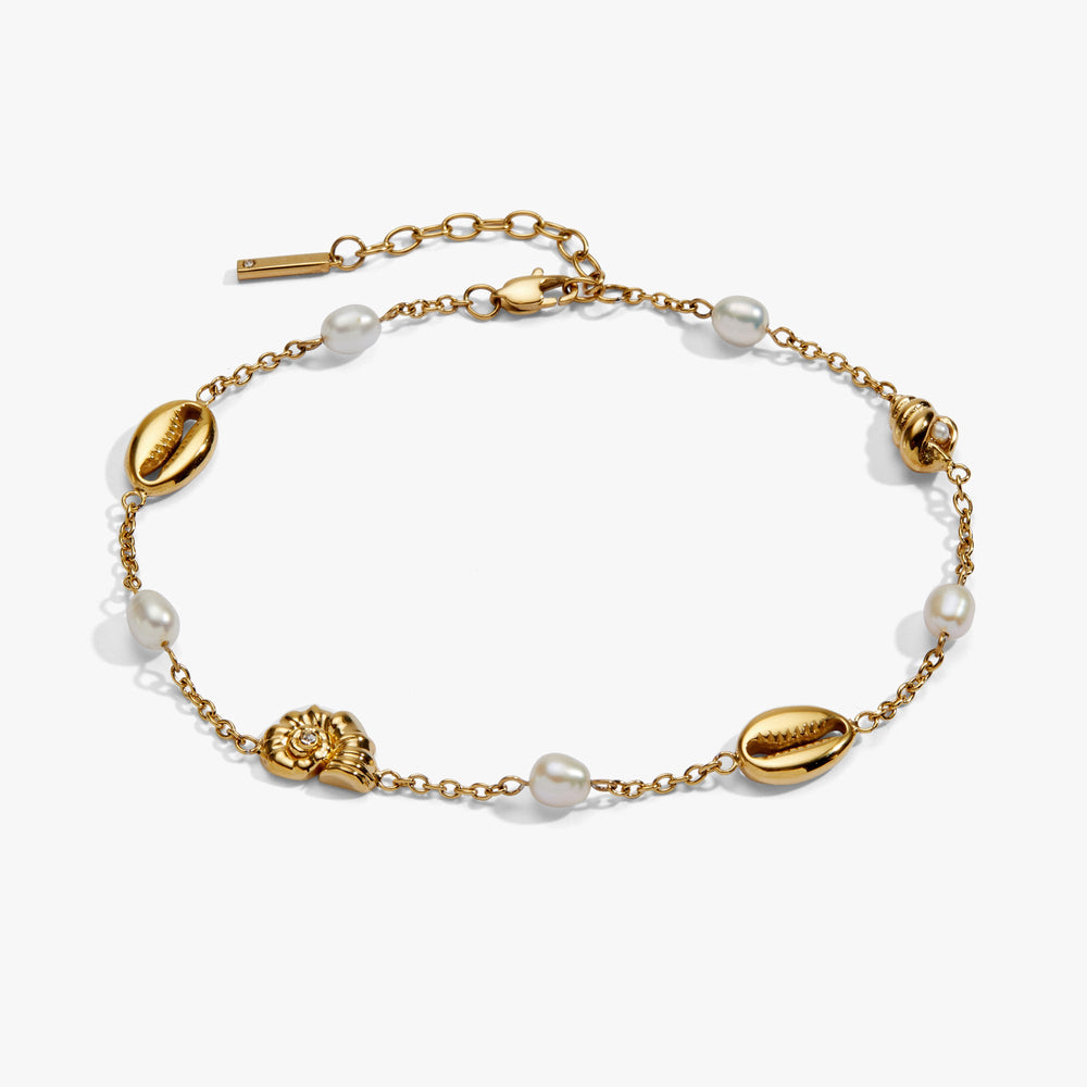 Seashell & Pearl Inline Charm Anklet Stainless Steel Gold | Alex and Ani
