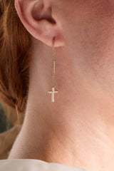 Delicate Pave Cross Threader Earrings 14kt Gold Over Sterling Silver | Alex and Ani