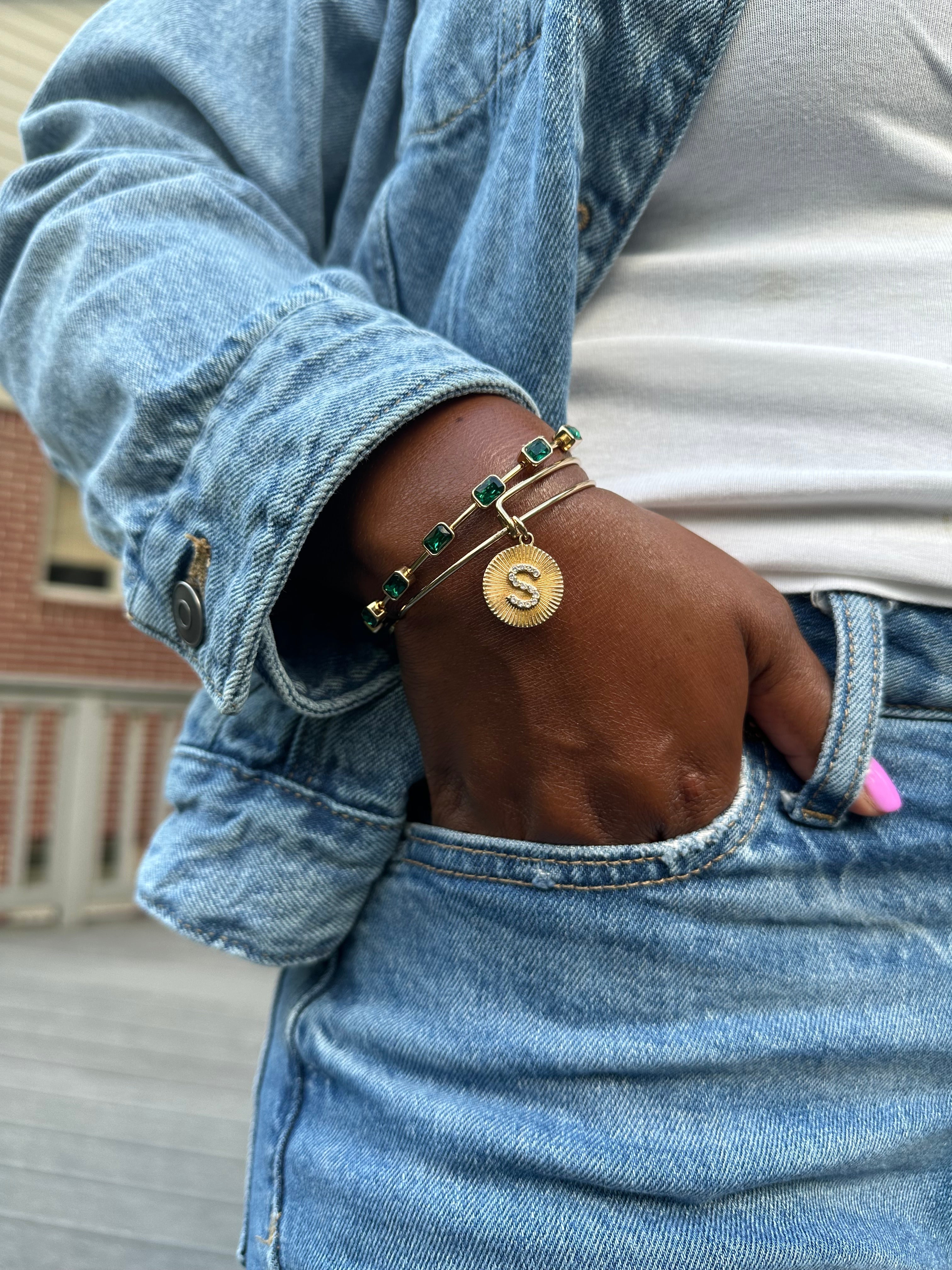 May Birthstone Emerald Cut Bangle Gold | Alex and Ani