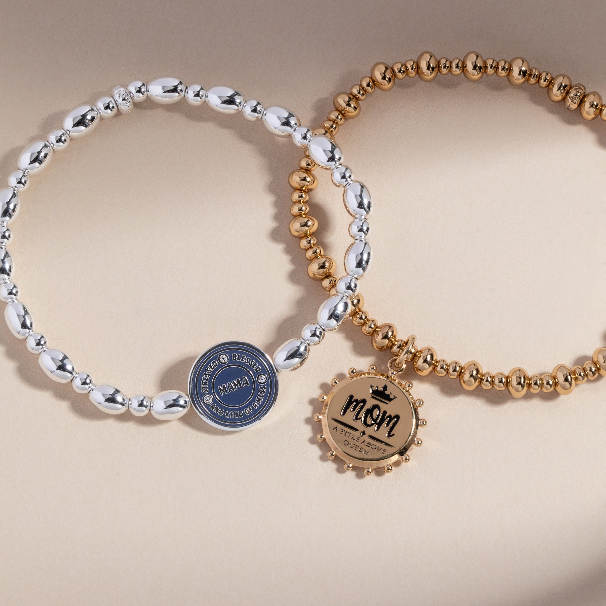 “Mom, A Title Above Queen” Beaded Stretch Charm Bracelet Gold | Alex and Ani