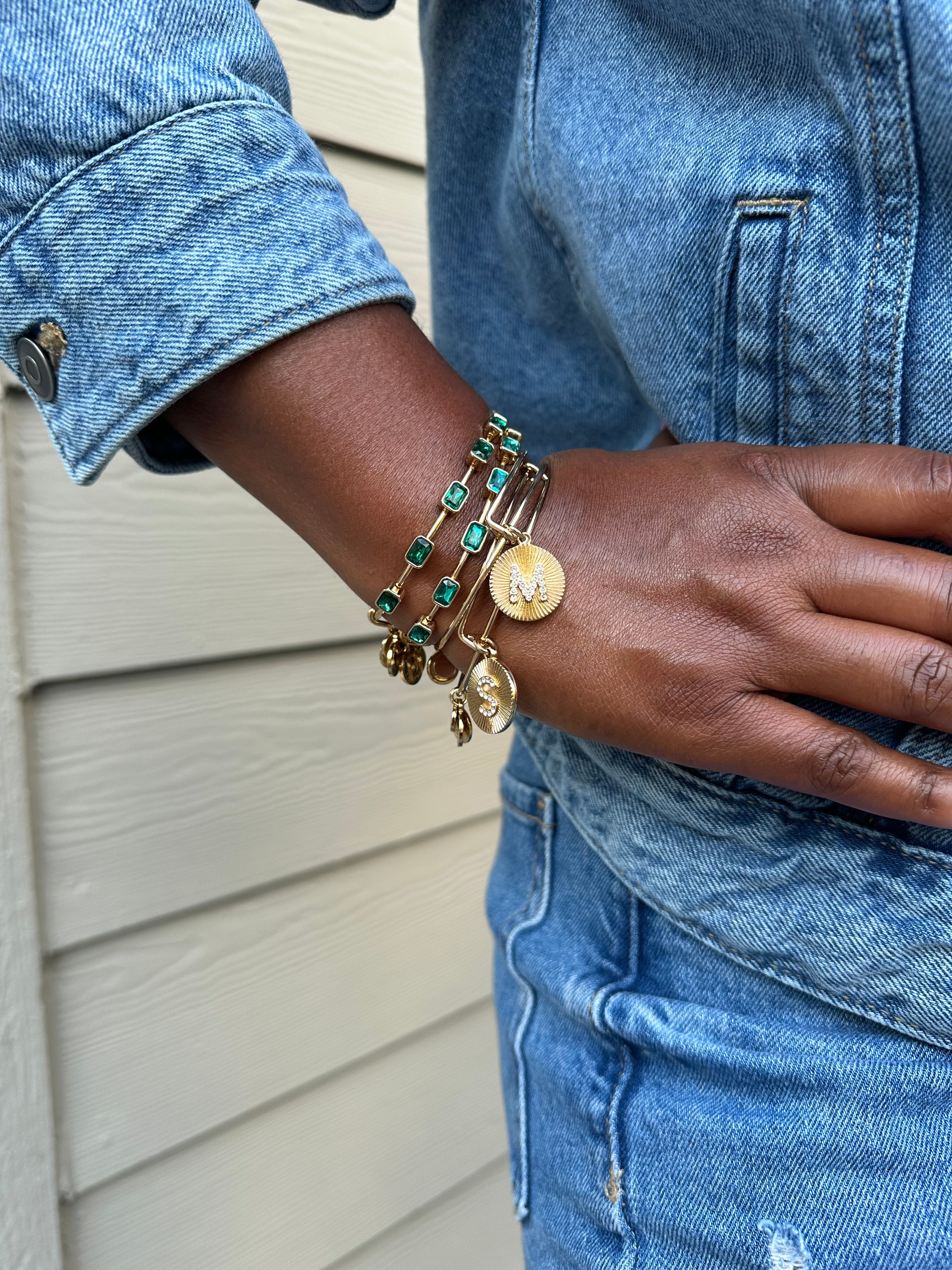 Pave Starburst Texture Initial Bangle M Gold | Alex and Ani