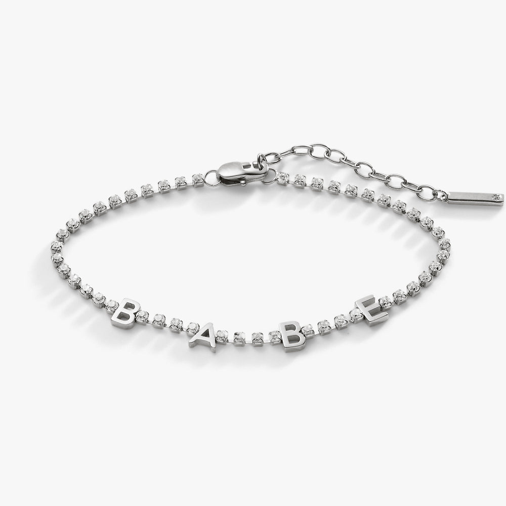 “Babe” Crystal Tennis Bracelet – Fun Special Occasion Jewelry Gift Stainless Steel Gold | Alex and Ani