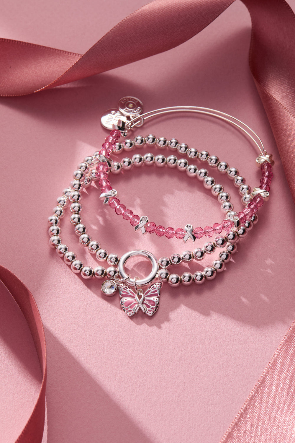 Breast Cancer Awareness Butterfly Stretch Bracelet Silver | Alex and Ani