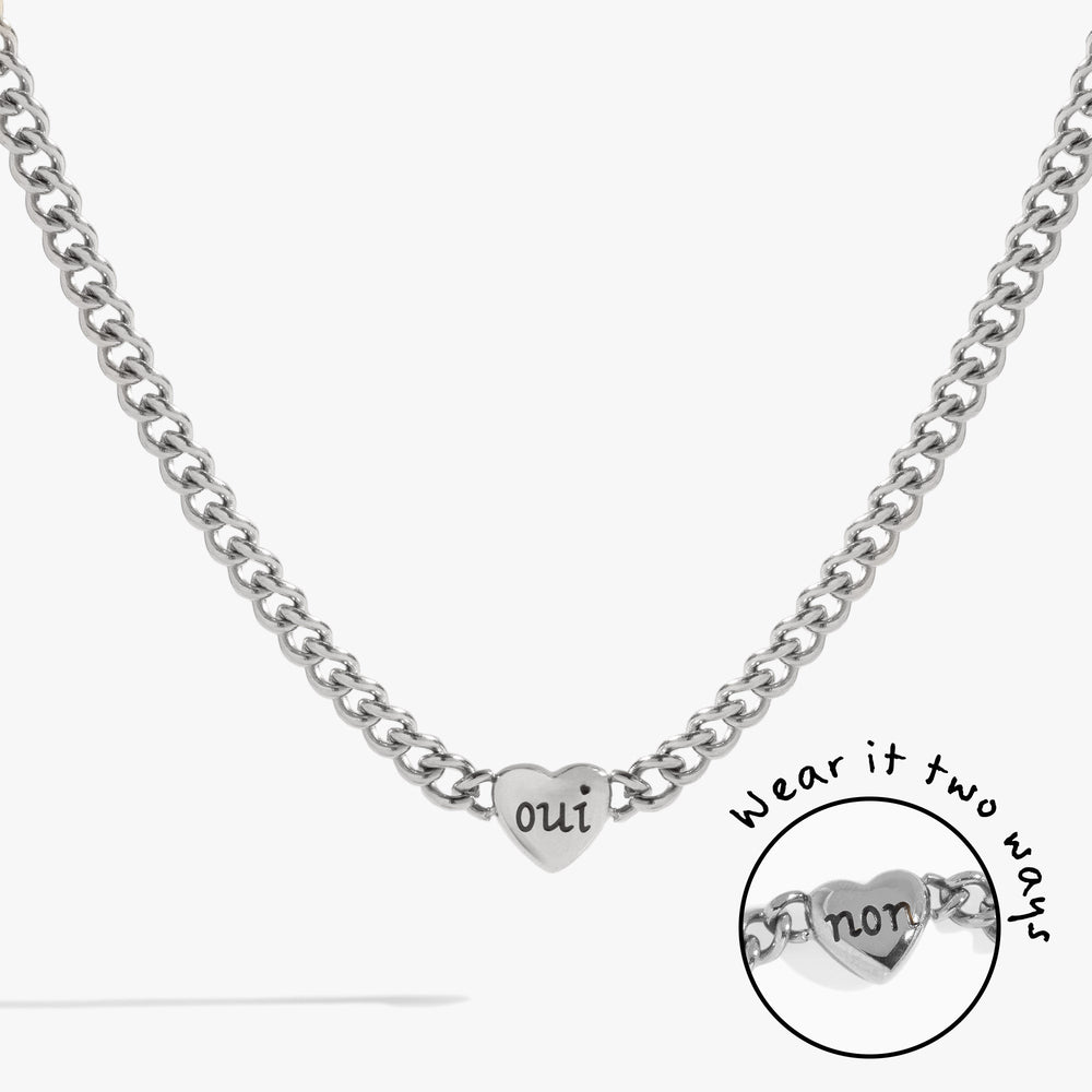 Engraved French 'Oui' & 'Non' Reversible Heart Necklace Stainless Steel Silver | Alex and Ani