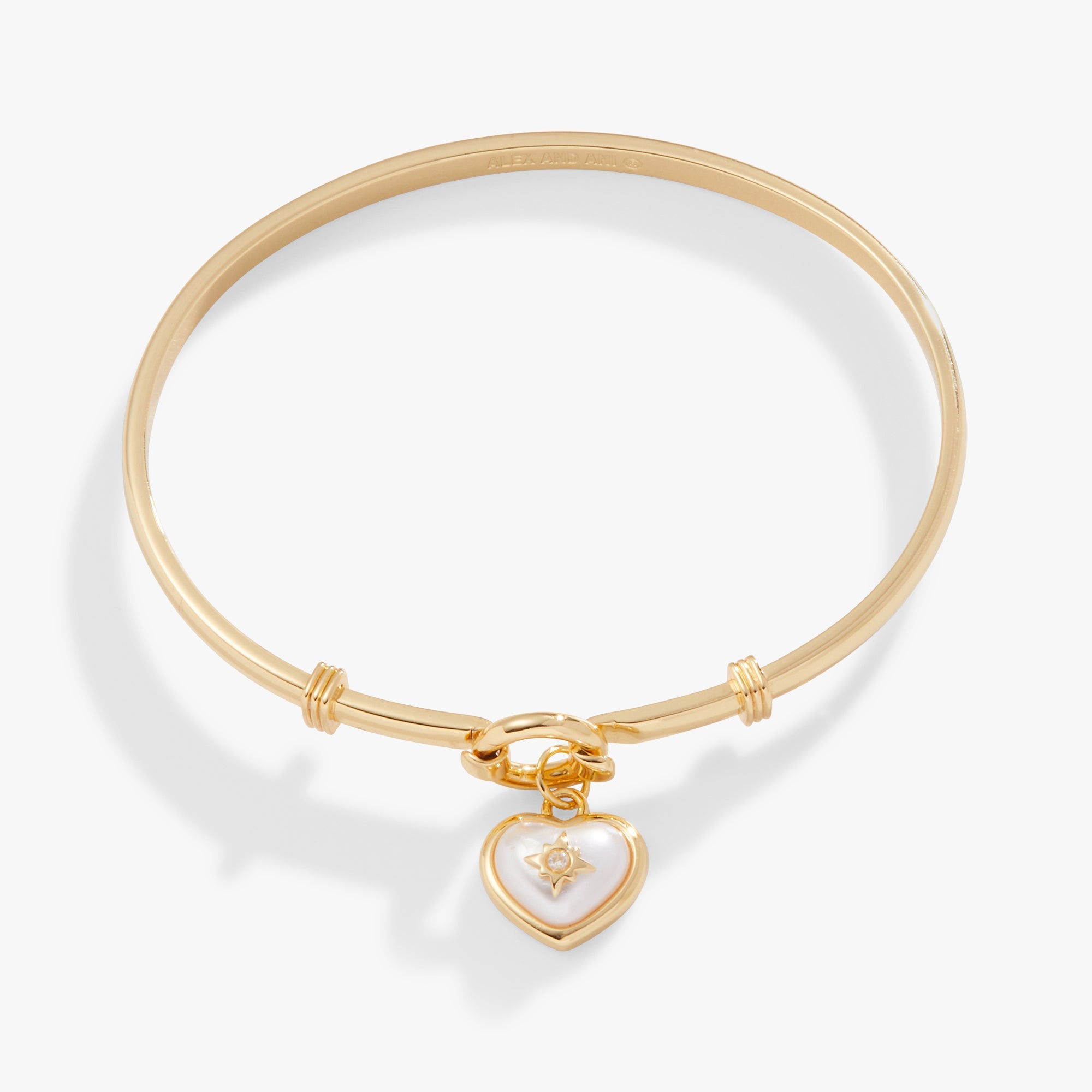 Pearl Heart + Crystal Charm Clip Bangle Gold | Alex and Ani