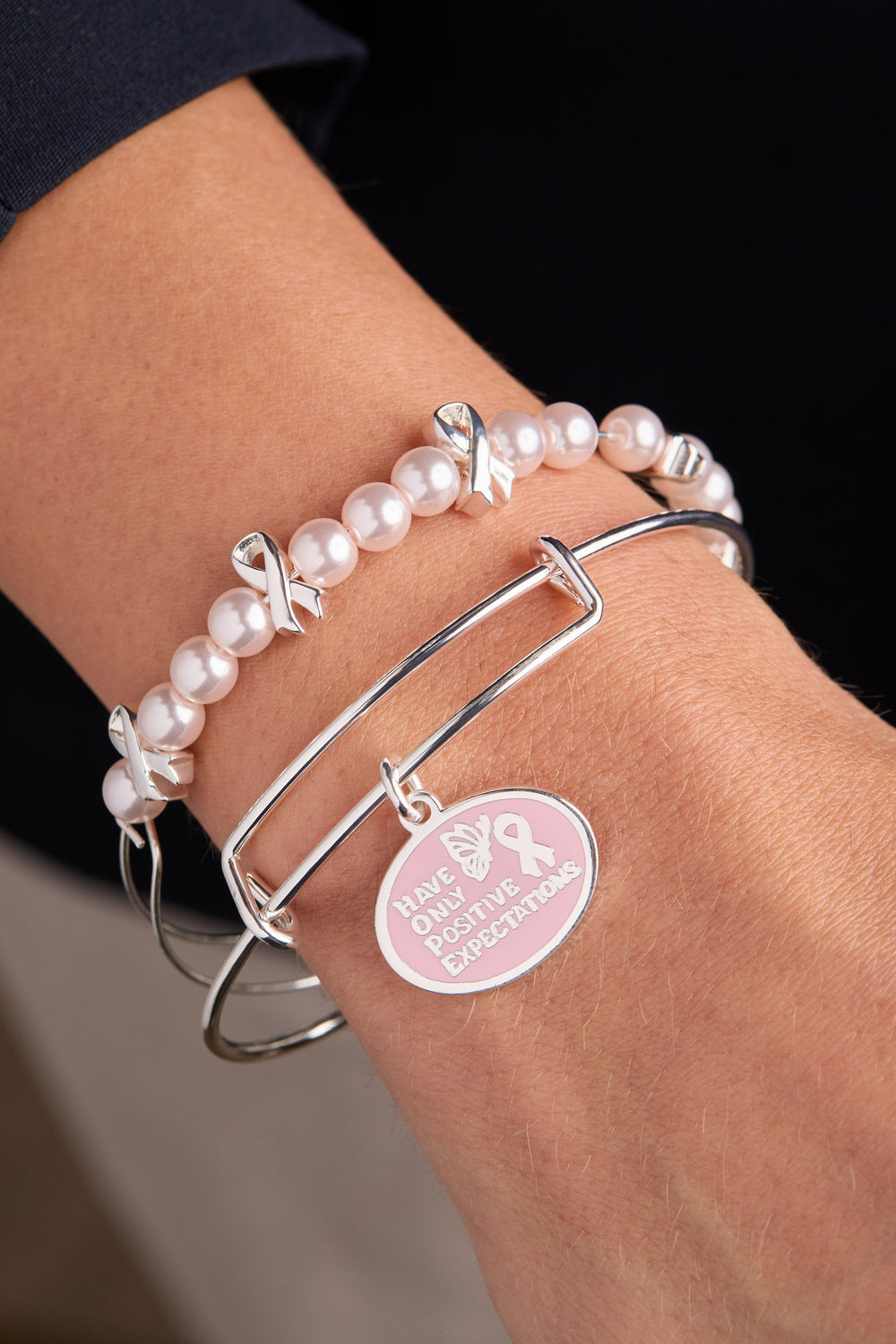 HOPE Breast Cancer Awareness Pink Ribbon Charm Bangles, Set of 2 Silver | Alex and Ani