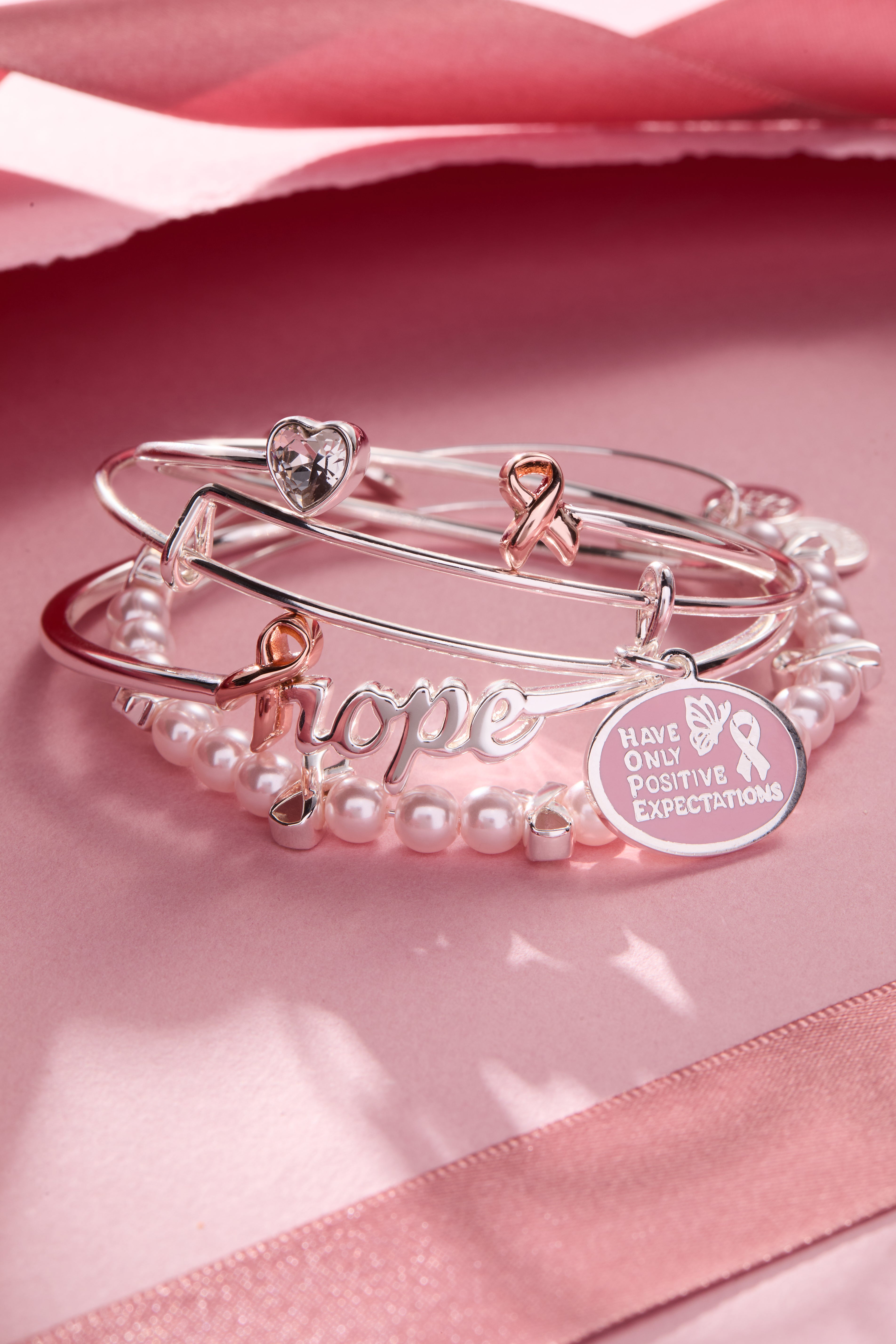 HOPE Breast Cancer Awareness Pink Ribbon Charm Bangles, Set of 2 Silver | Alex and Ani
