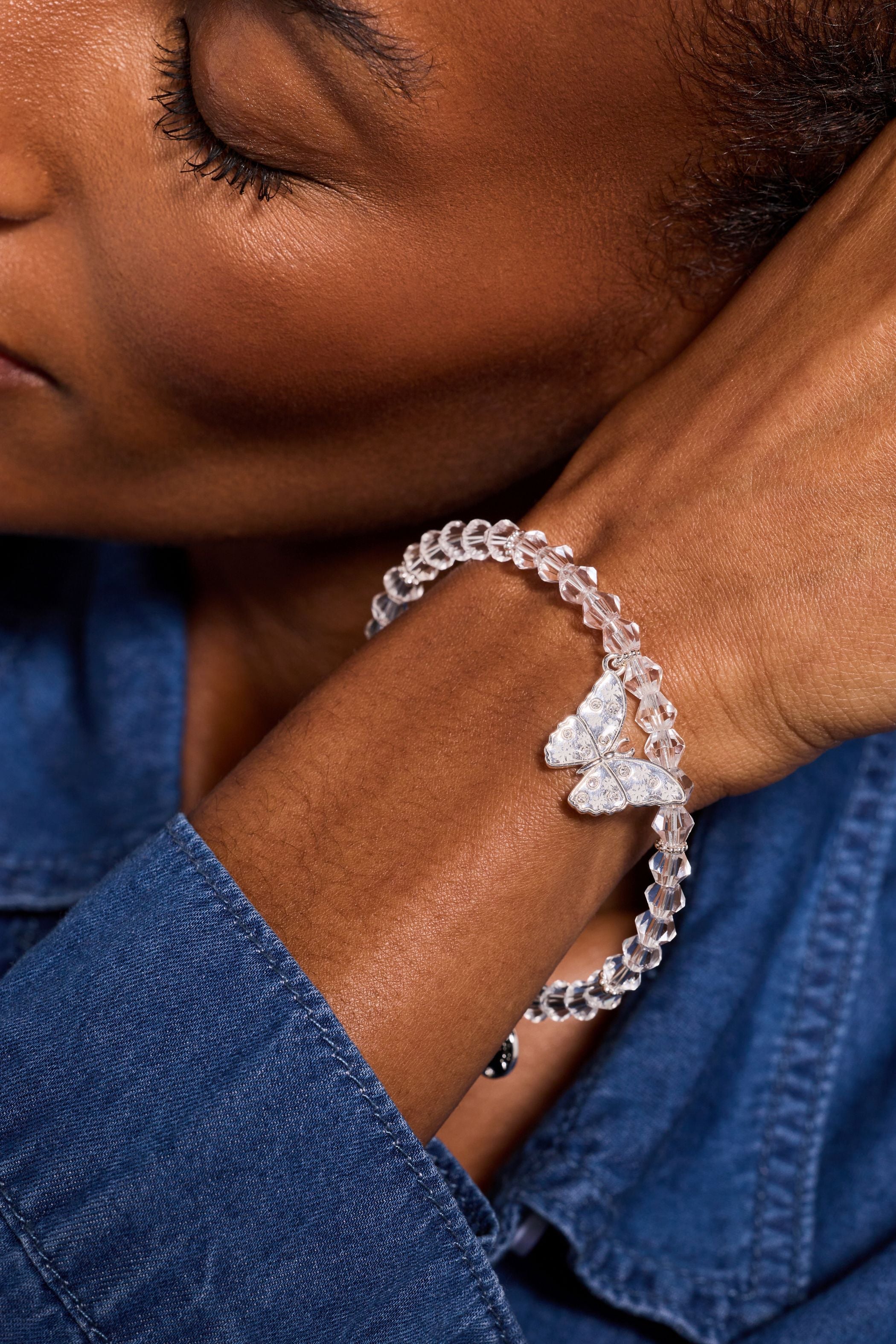 Glass Butterfly Beaded Charm Bangle Silver | Alex and Ani