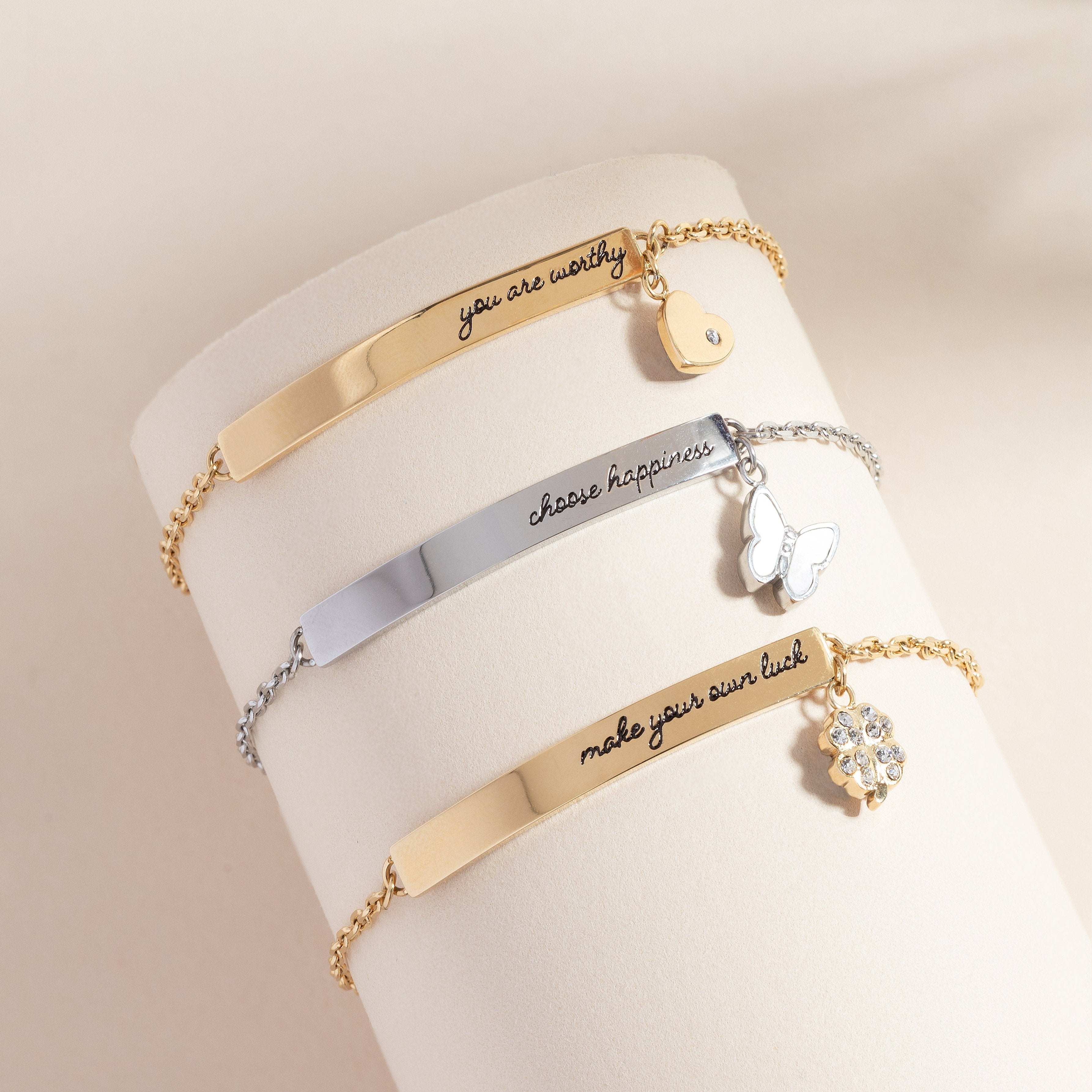 “Choose Happiness” Inline Bracelet Stainless Steel Silver | Alex and Ani
