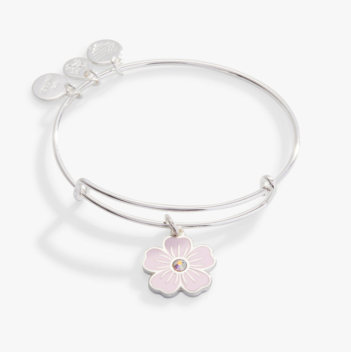 Pink Pansy and Crystal Charm Bangle Bracelet Silver | Alex and Ani