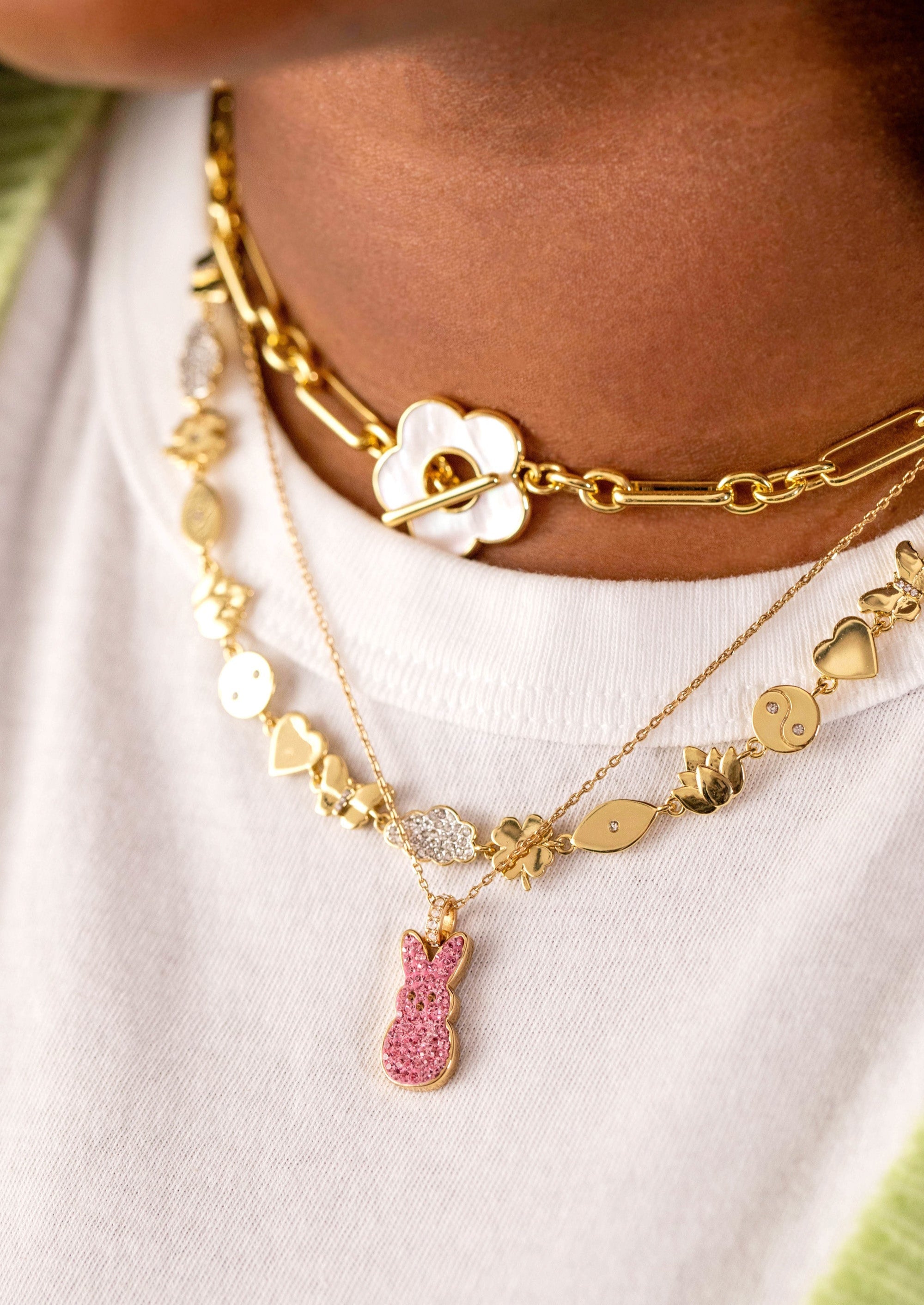 PEEPS® Pink Crystal Bunny Pendant Necklace Gold | Alex and Ani