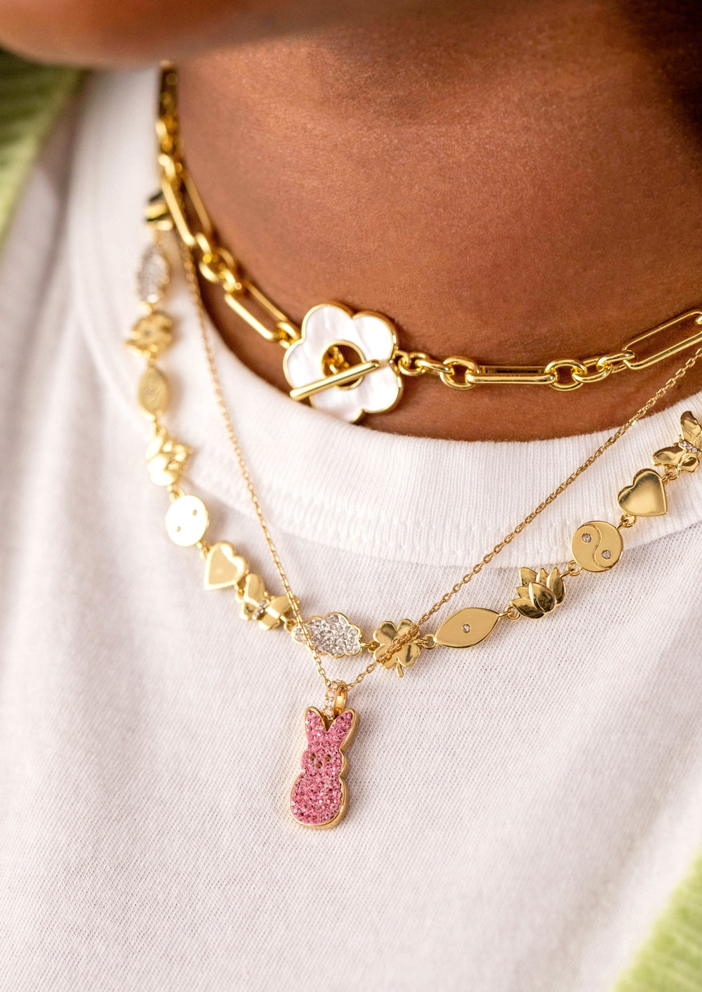 PEEPS® Pink Crystal Bunny Pendant Necklace Gold | Alex and Ani