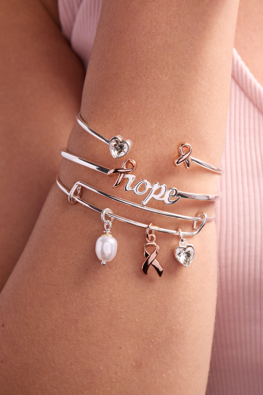 Breast Cancer Awareness Pink Ribbon Flex Cuff Two Tone | Alex and Ani