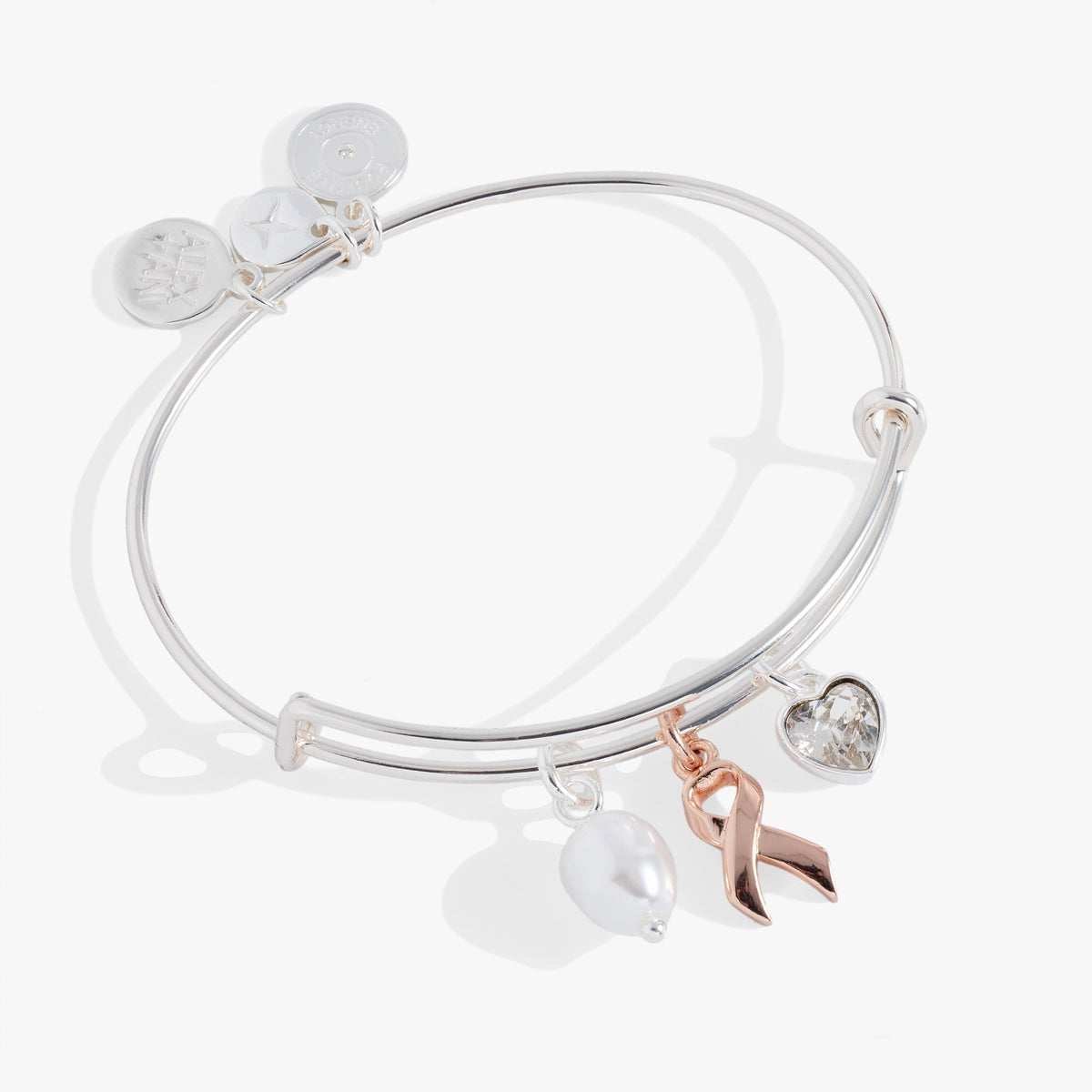 Breast Cancer Awareness Pink Ribbon Triple Charm Bangle Two Tone | Alex and Ani