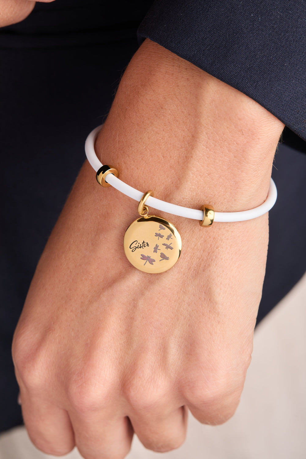Sister Dragonfly Disc Charm Stainless Steel Gold | Alex and Ani