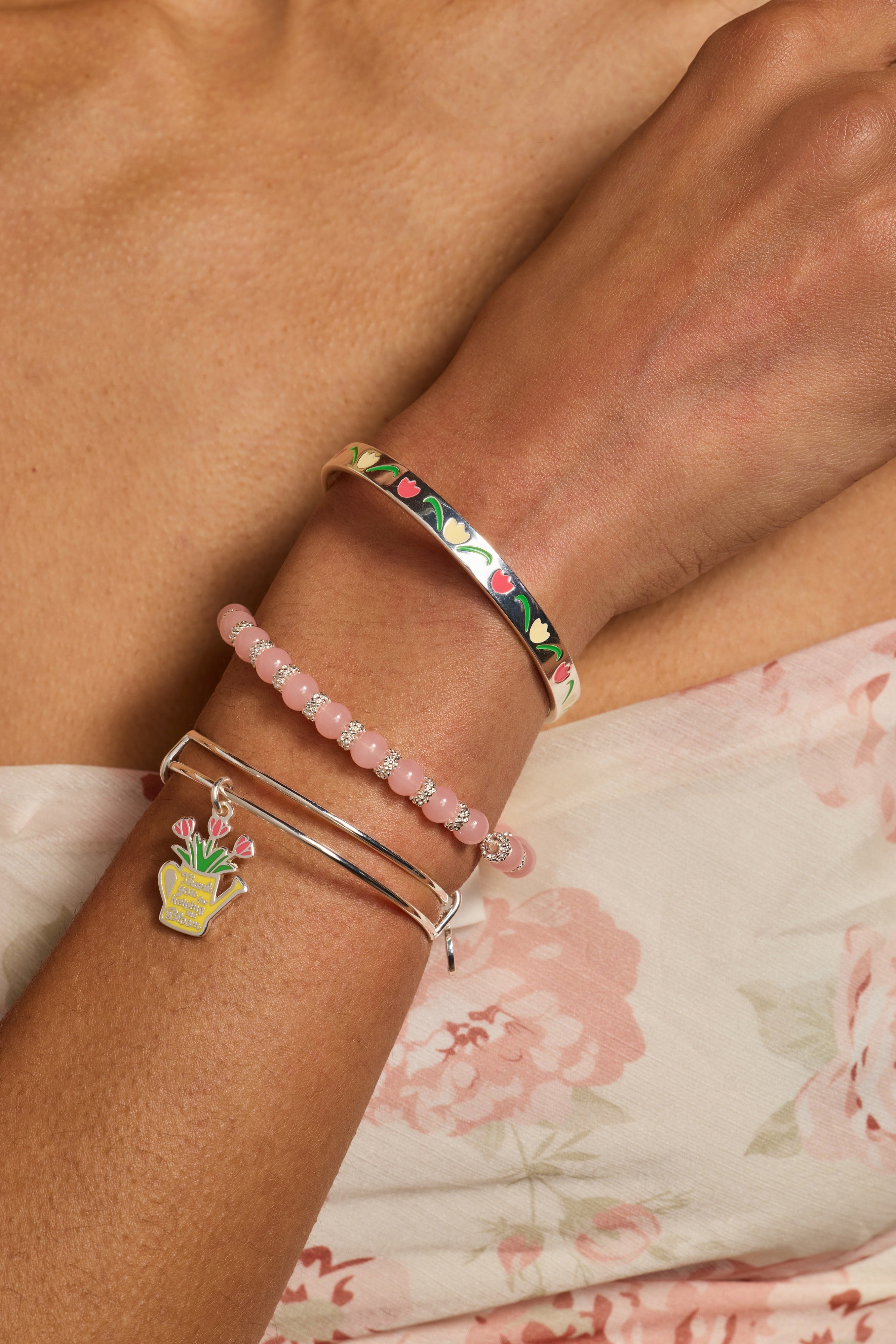 Cherry Quartz Beaded Charm Bangle Silver | Alex and Ani