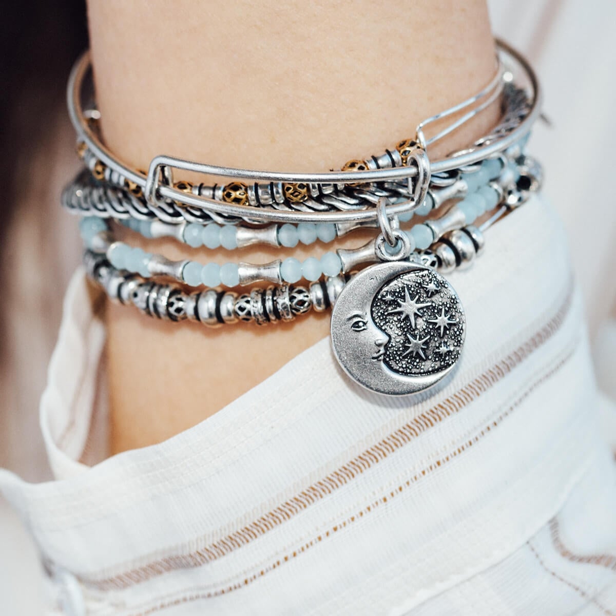Moon + Star Charm Bangle Bracelet - Alex and Ani Rafaelian Silver | Alex and Ani