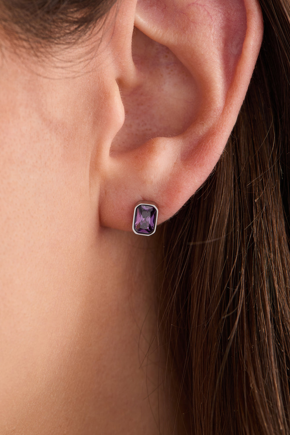 February Emerald-Cut Birthstone Stud Stainless Steel Silver | Alex and Ani