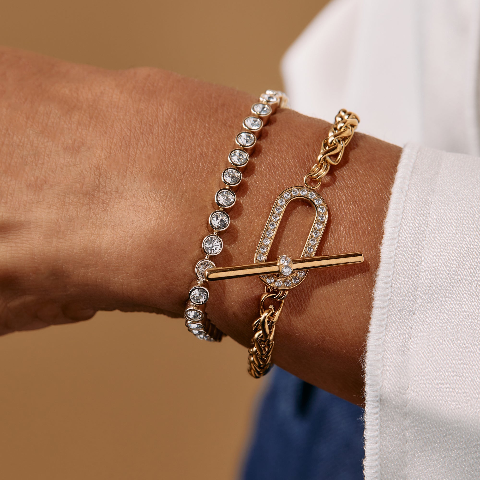 Wheat Chain Pavé Crystal Toggle Bracelet Stainless Steel Silver | Alex and Ani