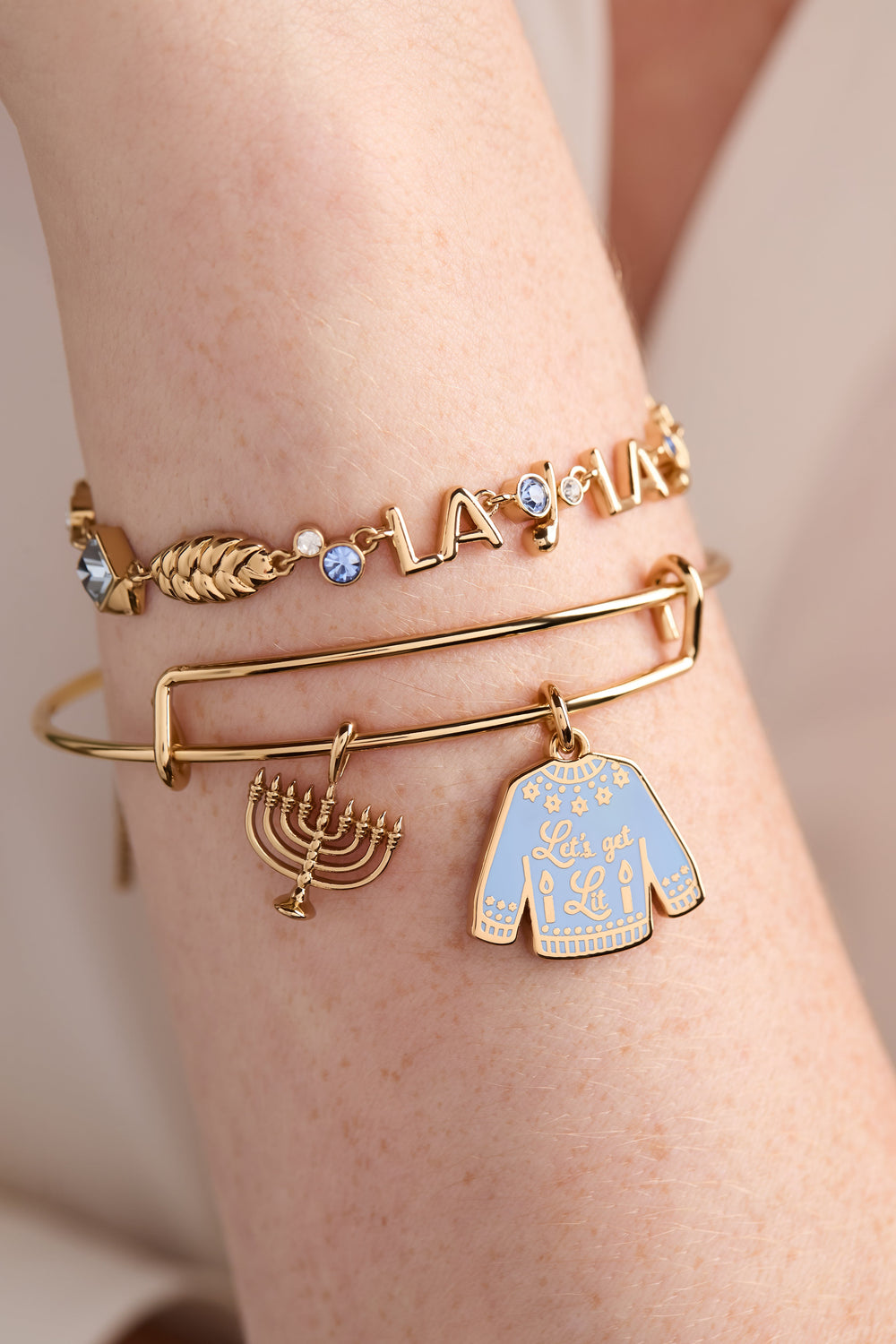 Hanukkah 'Let's get Lit" Ugly Sweater Bangle Gold | Alex and Ani