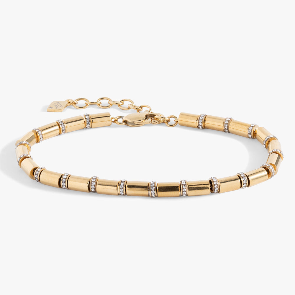 Tube Bead and Crystal Chain Bracelet Stainless Steel Gold | Alex and Ani
