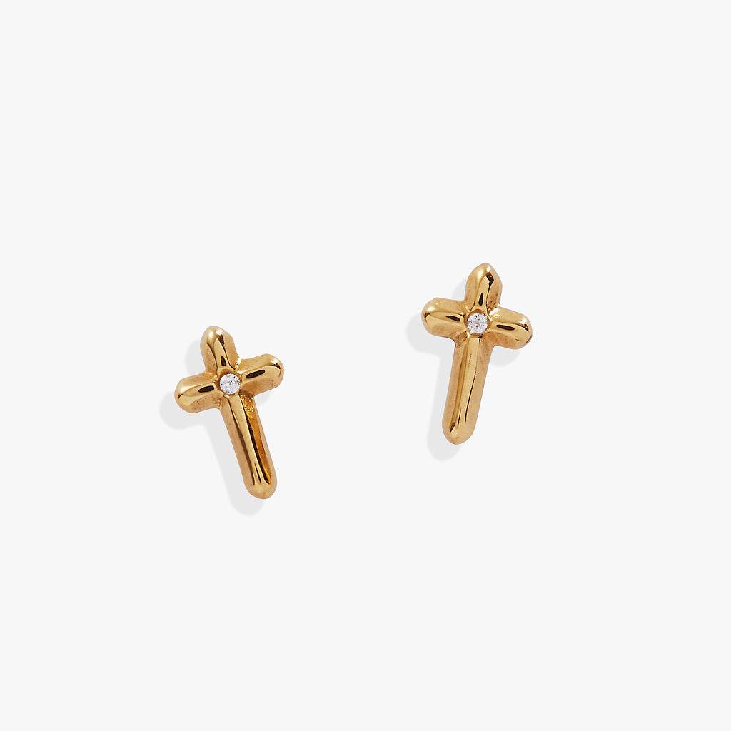 Crystal Cross Mini Stud Earrings Stainless Steel Gold | Alex and Ani