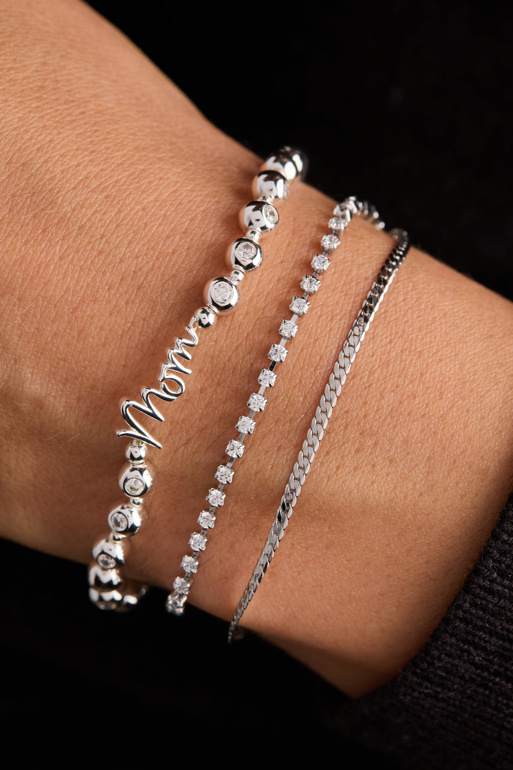 Mom Elongated Crystal Stretch Bracelet Silver | Alex and Ani