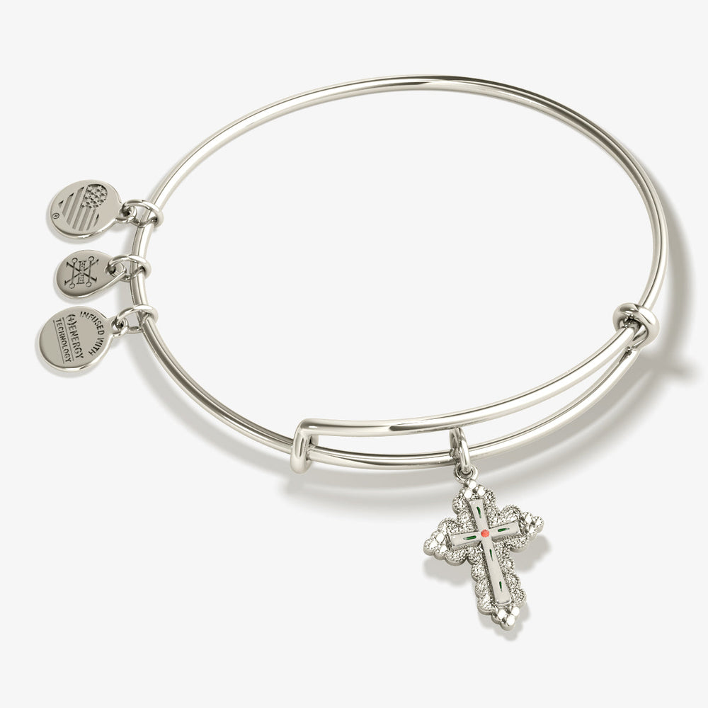 Floral Cross Charm Bangle Bracelet Silver | Alex and Ani