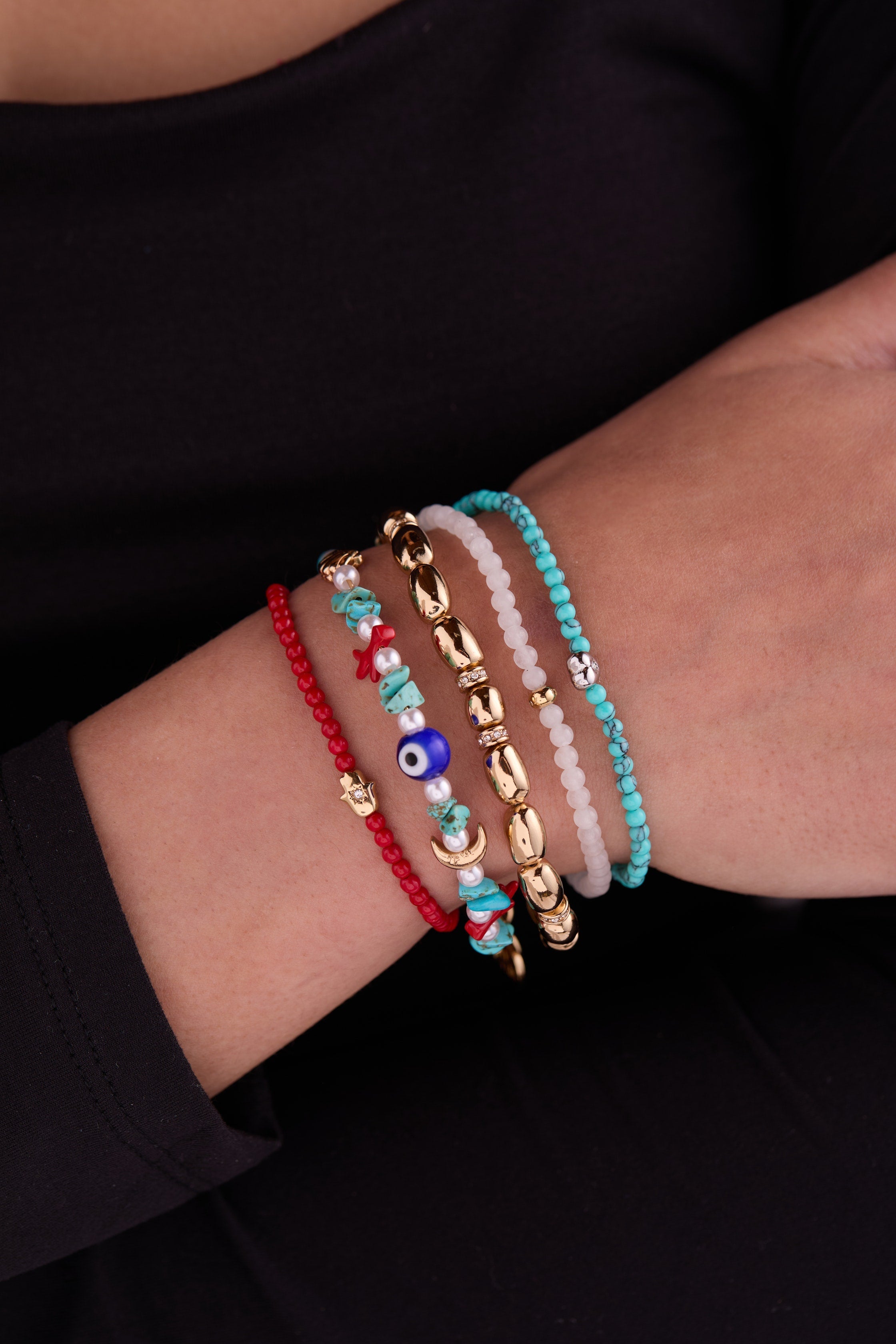 Coral Hamsa Mini Stretch Bracelet Stainless Steel Gold | Alex and Ani